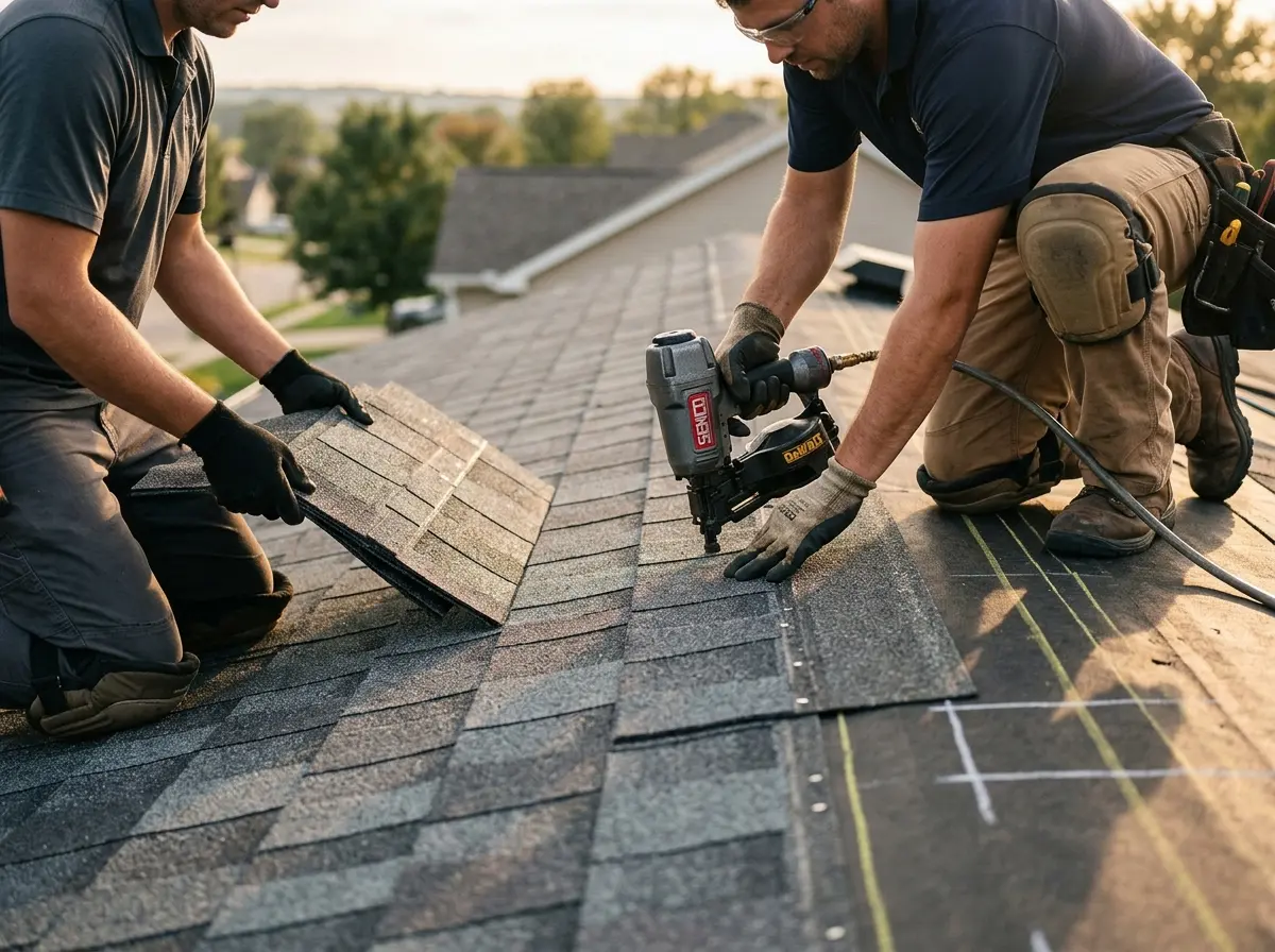 Professional roofer working on a residential roof in Sandy